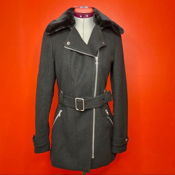 NWT Short Faux Fur Collar Belted Wool-Blend Coat - Picture 6 of 8